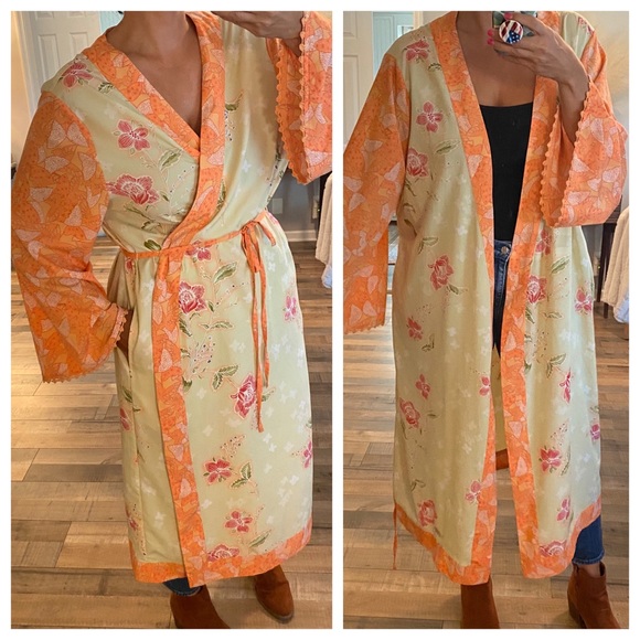 Orange  green floral polyester floral robe kimono M - Picture 1 of 8